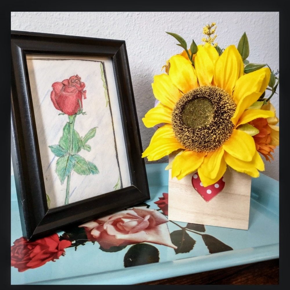 💛Cute Faux Sunflower & Rose Floral Arrangement In Wooden Box💜